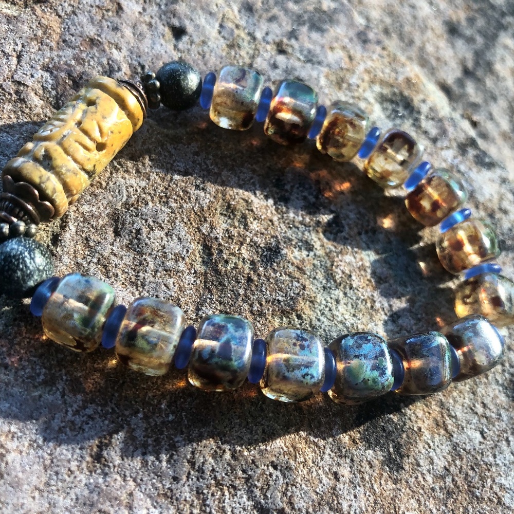 Bracelet, One of a kind, Beaded with Carved Bead with Chinese Symbol